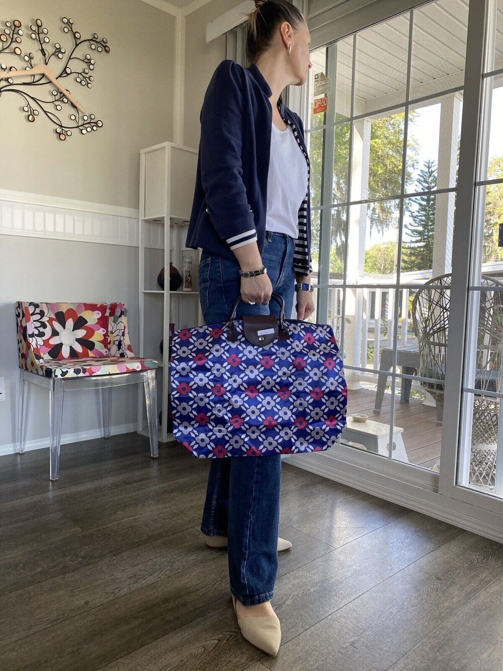 Foldable Tote Bag | Travel Tote | Pink, Blue, Grey & White Floral Pattern